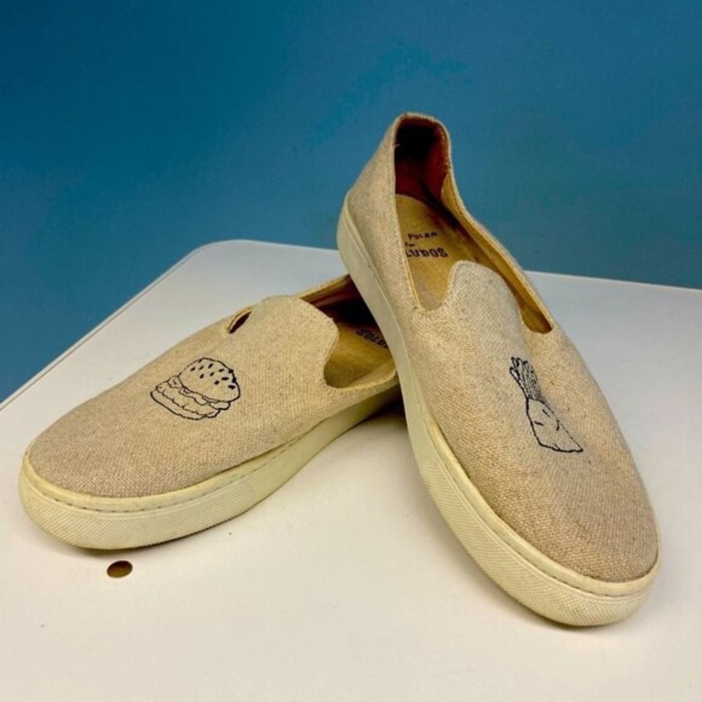 Beige Canvas Slip-On Sneakers with Food Embroidery